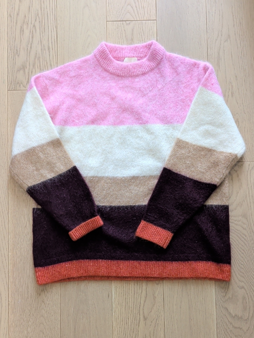 H&M Pink White Tan Brown Colorblock Crewneck Sweater